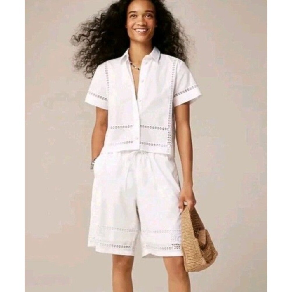 J.Crew Soleil Eyelet Trim Shorts White Lined Monogram Drawstring CK094 Size L